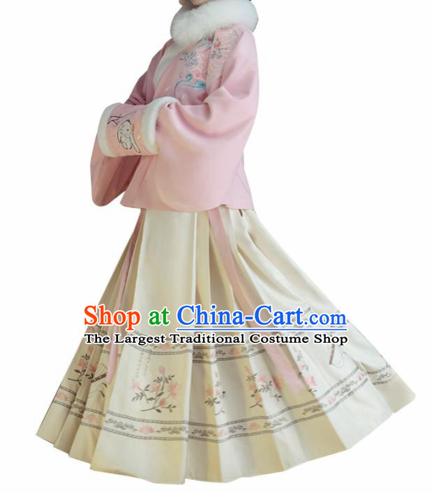 Chinese Traditional Ming Dynasty Pink Blouse and Beige Skirt Ancient Nobility Lady Costume for Women