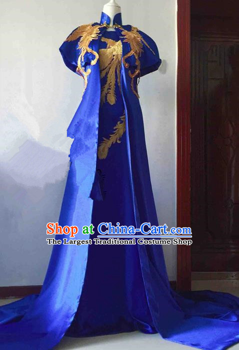 Traditional Chinese Modern Fancywork Costume Embroidered Phoenix Royalblue Full Dress for Women