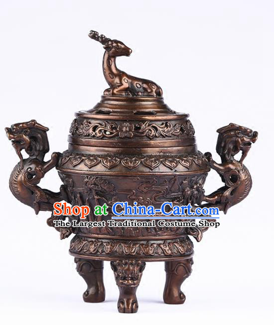 Chinese Traditional Bronze Deer Incense Burner Taoism Bagua Feng Shui Items Censer Decoration