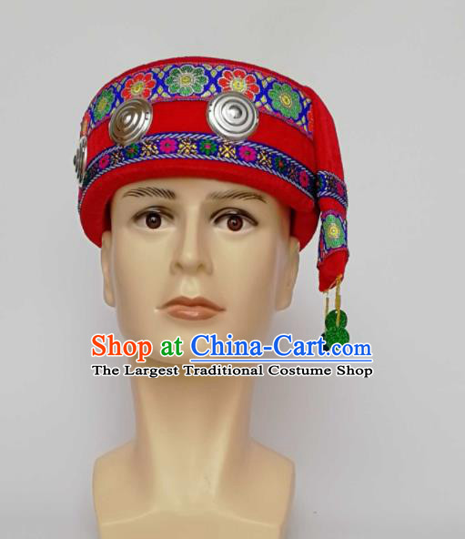 Chinese Traditional Ethnic Headwear Yao Nationality Bridegroom Red Hat for Men