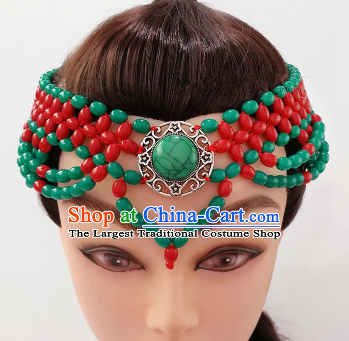 Chinese Traditional Mongolian Ethnic Hair Accessories Mongol Nationality Green Beads Hair Clasp for Women