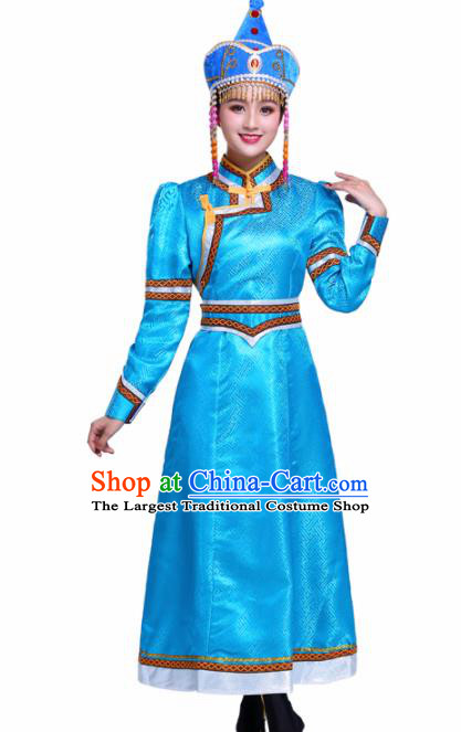 Chinese Traditional Mongolian Ethnic Wedding Costumes Mongol Nationality Princess Blue Dress for Women