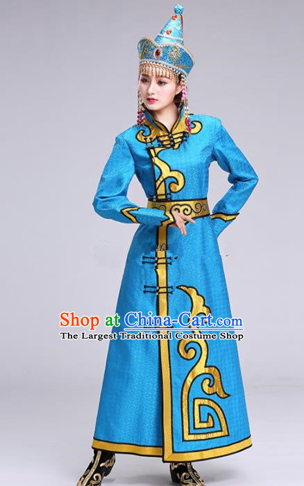 Chinese Traditional Mongolian Ethnic Princess Blue Dress Mongol Nationality Folk Dance Costumes for Women