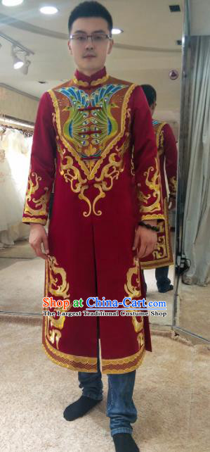 Chinese Traditional Wedding Costume Ancient Bridegroom Embroidered Red Tang Suit for Men