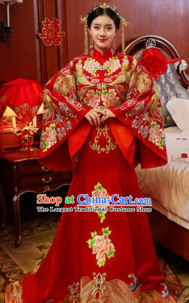 Traditional Chinese Embroidered Phoenix Peony Wedding Dress Ancient Bride Red Xiu He Costume for Women