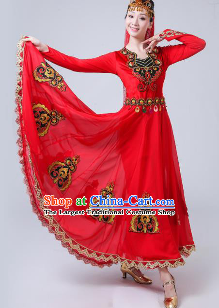 Chinese Traditional Uigurian Ethnic Folk Dance Costume Uyghur Nationality Dance Red Dress for Women