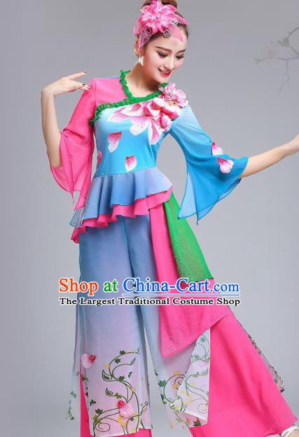 Chinese Traditional Fan Dance Stage Performance Blue Costume Folk Dance Yangko Dance Dress for Women