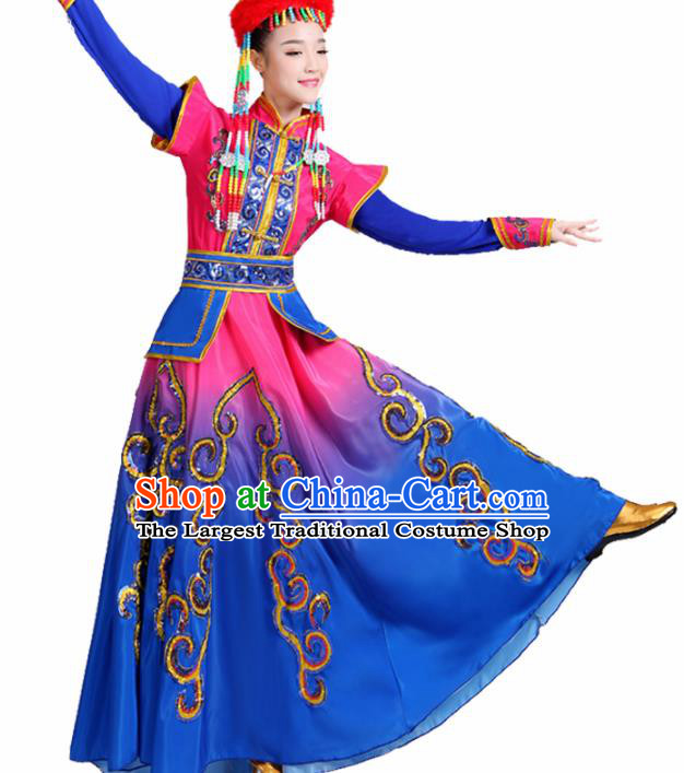 Chinese Traditional Mongolion Ethnic Folk Dance Costume Mongol Nationality Dance Blue Dress for Women