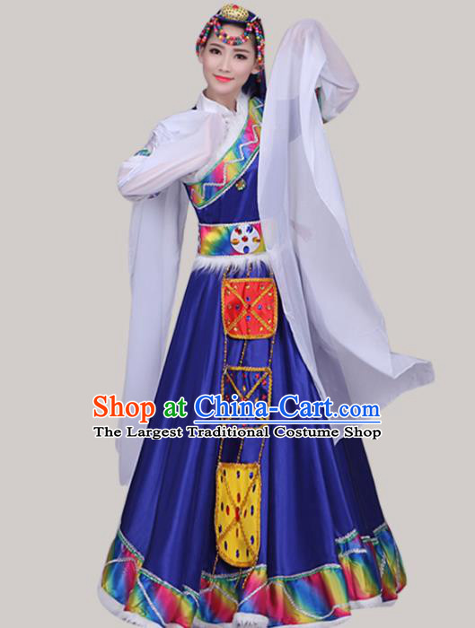 Chinese Traditional Tibetan Ethnic Folk Dance Costume Zang Nationality Dance Royalblue Dress for Women