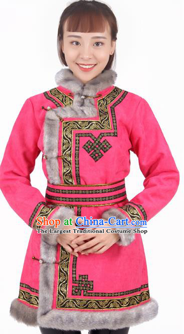 Chinese Traditional Mongolian Ethnic Pink Suede Fabric Coat Mongol Nationality Folk Dance Costumes for Women