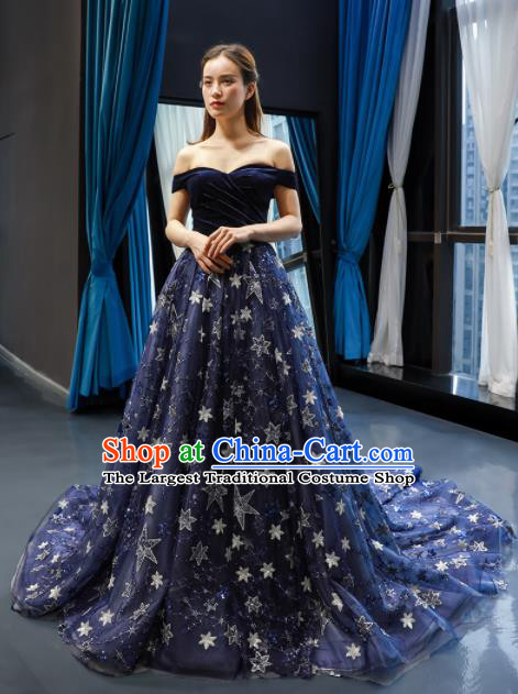 Top Grade Compere Navy Veil Full Dress Princess Embroidered Wedding Dress Costume for Women