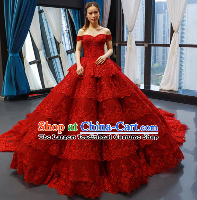 Top Grade Compere Red Lace Full Dress Princess Embroidered Wedding Dress Costume for Women