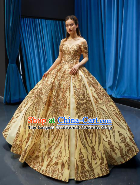 Top Grade Compere Golden Full Dress Princess Embroidered Wedding Dress Costume for Women