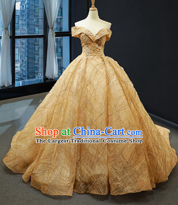 Top Grade Compere Golden Flat Shouders Full Dress Princess Wedding Dress Costume for Women