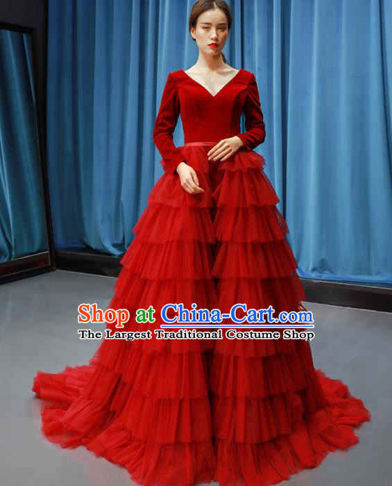 Top Grade Compere Full Dress Princess Red Veil Trailing Wedding Dress Costume for Women