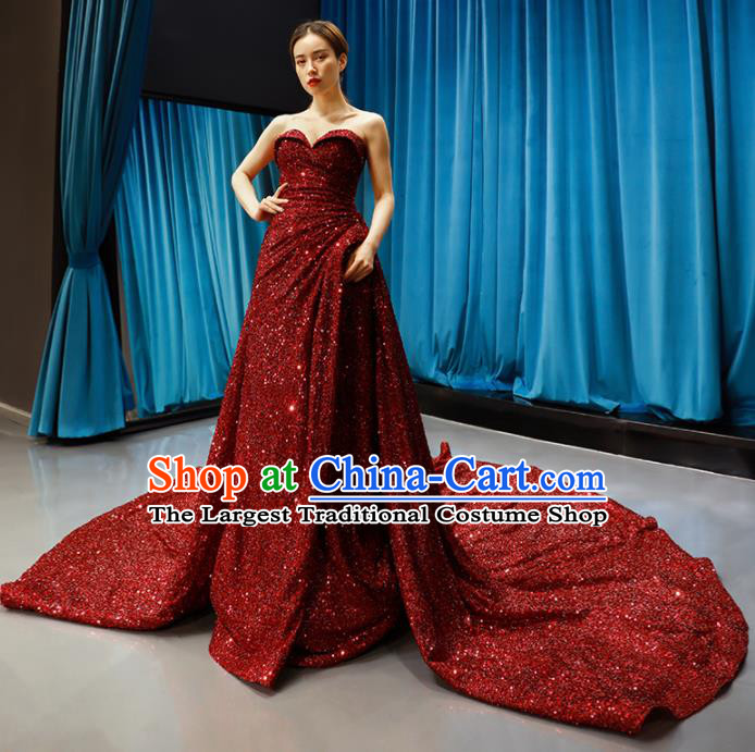 Top Grade Compere Strapless Full Dress Princess Red Paillette Trailing Wedding Dress Costume for Women