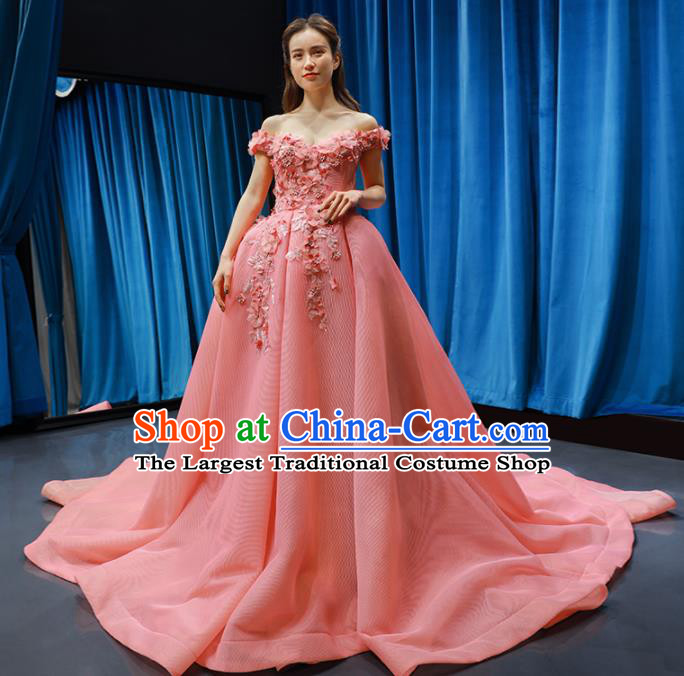 Top Grade Compere Full Dress Princess Pink Veil Trailing Wedding Dress Costume for Women