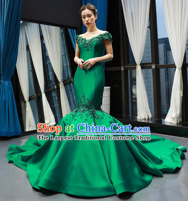 Top Grade Compere Green Satin Fishtail Trailing Full Dress Princess Wedding Dress Costume for Women