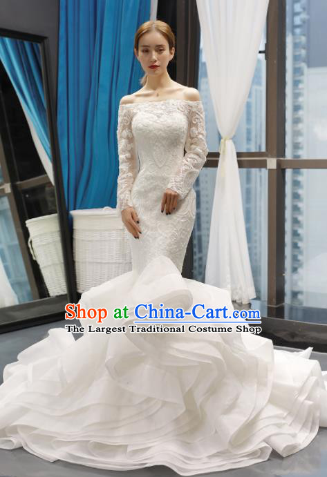 Top Grade Trailing Wedding Gown Bride Costume White Veil Full Dress Princess Dress for Women