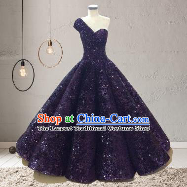 Top Grade Compere Purple Veil Paillette Full Dress Princess Embroidered Wedding Dress Costume for Women