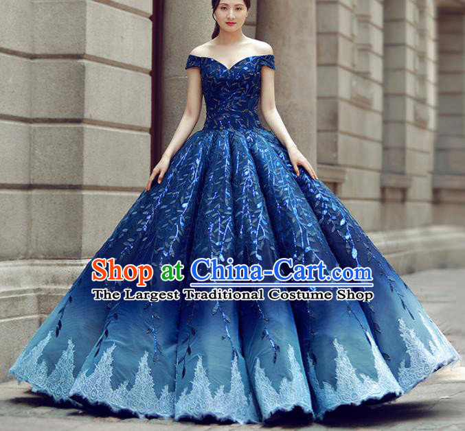 Top Grade Compere Royalblue Bubble Full Dress Princess Embroidered Wedding Dress Costume for Women