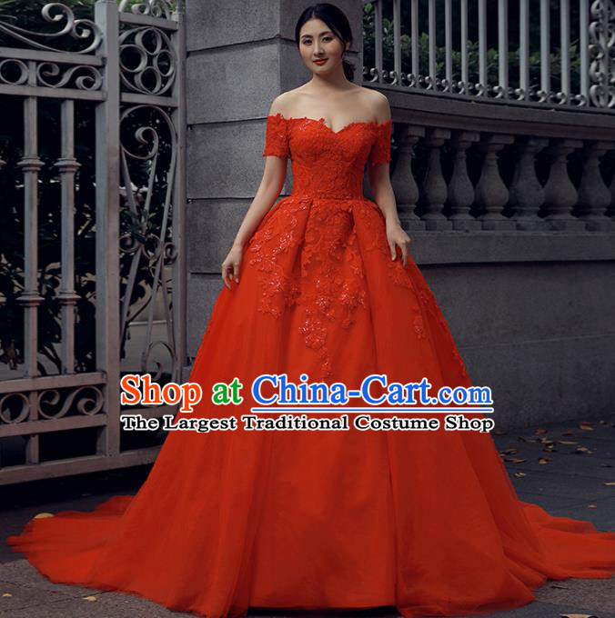 Top Grade Compere Red Bubble Full Dress Princess Embroidered Wedding Dress Costume for Women