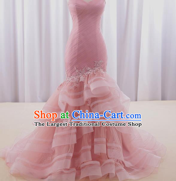 Top Grade Compere Pink Veil Fishtail Full Dress Princess Embroidered Wedding Dress Costume for Women