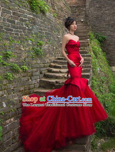 Top Grade Compere Red Veil Fishtail Trailing Full Dress Princess Embroidered Wedding Dress Costume for Women