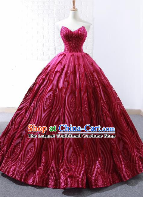 Top Grade Compere Wine Red Bubble Embroidered Full Dress Princess Wedding Dress Costume for Women