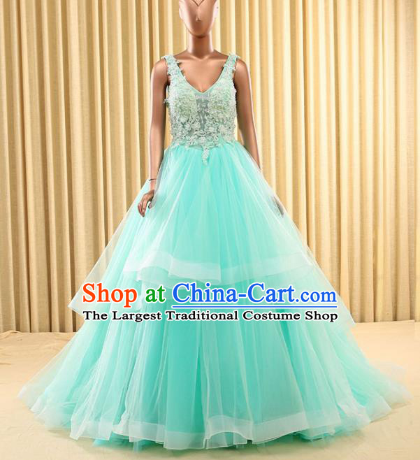 Top Grade Compere Full Dress Princess Green Veil Wedding Dress Costume for Women