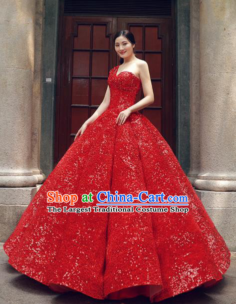 Top Grade Compere Red Veil Paillette Full Dress Princess Embroidered Wedding Dress Costume for Women