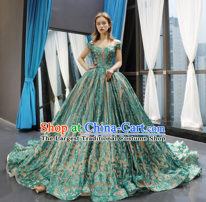 Top Grade Compere Green Trailing Full Dress Princess Bubble Wedding Dress Costume for Women