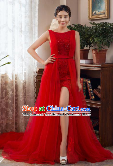 Top Grade Compere Red Veil Trailing Full Dress Princess Wedding Dress Costume for Women