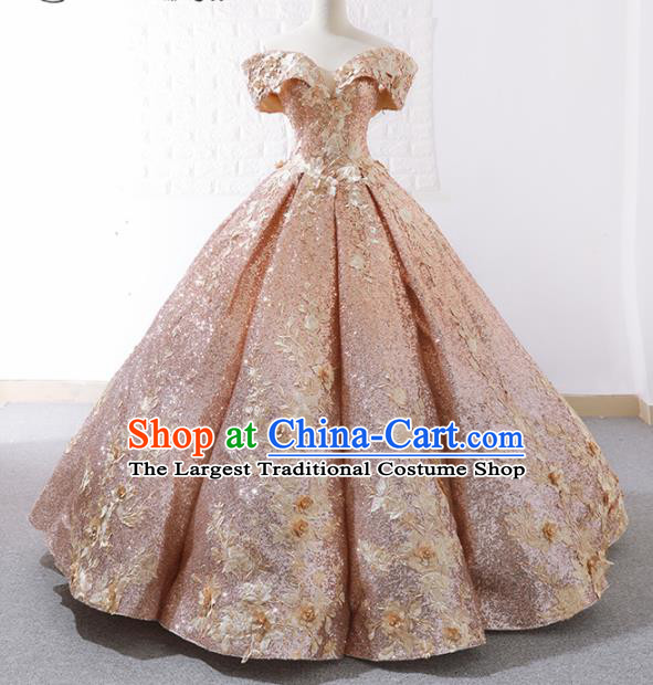 Top Grade Compere Embroidered Pink Full Dress Princess Bubble Wedding Dress Costume for Women