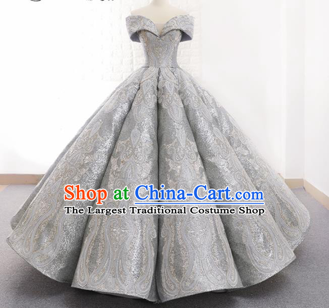 Top Grade Compere Grey Paillette Full Dress Princess Embroidered Bubble Wedding Dress Costume for Women