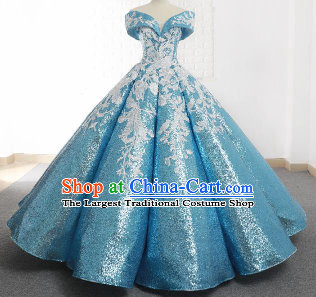 Top Grade Compere Light Blue Paillette Full Dress Princess Embroidered Bubble Wedding Dress Costume for Women