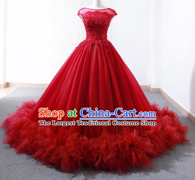 Top Grade Compere Full Dress Princess Red Veil Trailing Wedding Dress Costume for Women