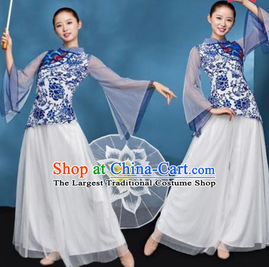 Chinese National Folk Dance Printing Blue Peony Costume Traditional Yangko Dance Fan Dance Clothing for Women