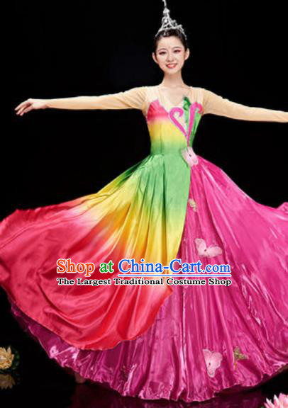 Chinese National Classical Dance Lotus Dance Rosy Costume Traditional Umbrella Dance Dress for Women