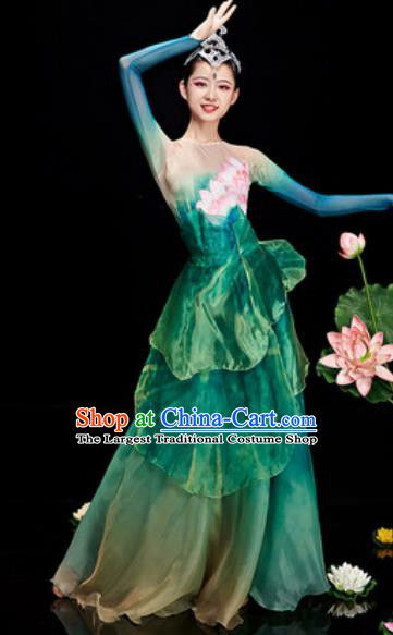 Chinese National Classical Dance Lotus Dance Green Costume Traditional Umbrella Dance Dress for Women