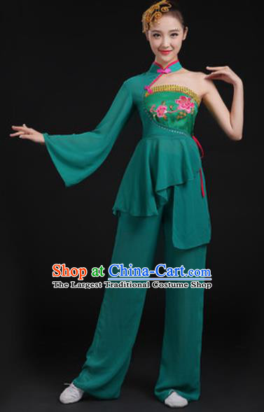 Chinese National Folk Dance Deep Green Costume Traditional Yangko Dance Fan Dance Clothing for Women