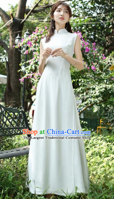 Asian Vietnam Traditional White Cheongsam Vietnamese Classical Aodai Qipao Dress for Women