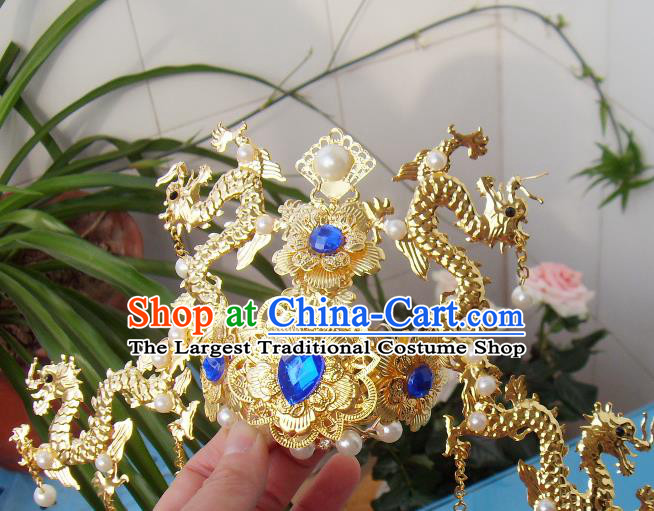 Chinese Traditional God of Wealth Hair Accessories Ancient Prince Golden Dragon Hairdo Crown for Men