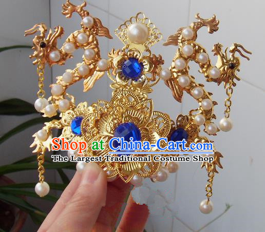 Chinese Traditional God of Wealth Hair Accessories Ancient Prince Blue Crystal Dragon Hairdo Crown for Men