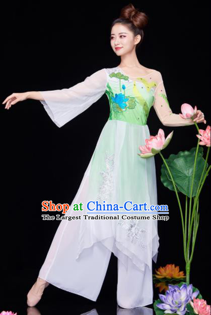 Chinese National Classical Dance Lotus Dance Dress Traditional Umbrella Dance Green Costume for Women