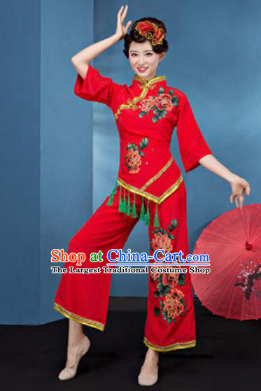 Chinese National Fan Dance Folk Dance Printing Peony Red Costume Traditional Yangko Dance Clothing for Women