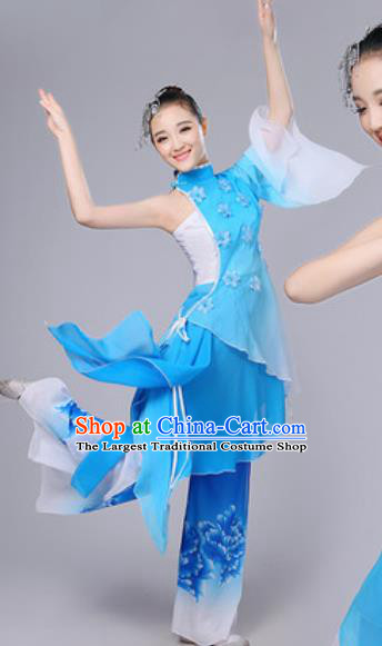 Chinese National Lotus Dance Umbrella Dance Blue Dress Traditional Classical Dance Costume for Women