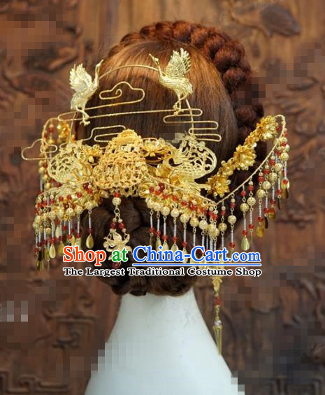 Chinese Traditional Hair Accessories Ancient Palace Golden Cranes Tassel Step Shake Bride Hairpins Headwear for Women