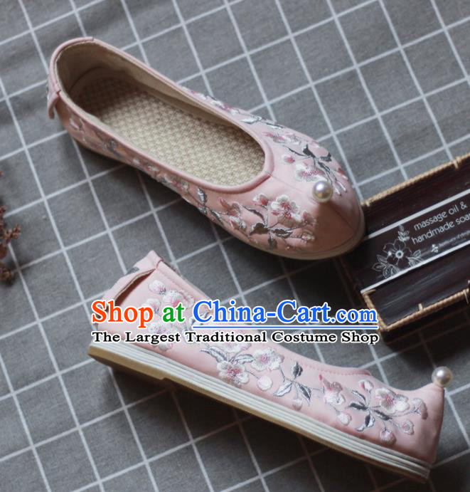 Asian Chinese Wedding Hanfu Shoes Traditional Ancient Princess Pearl Pink Embroidered Shoes for Women