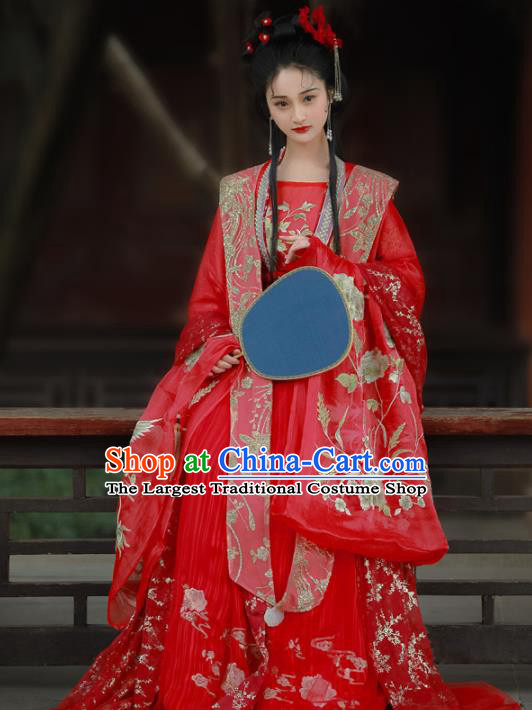 Chinese Traditional Song Dynasty Wedding Red Hanfu Dress Ancient Palace Princess Embroidered Costume for Women